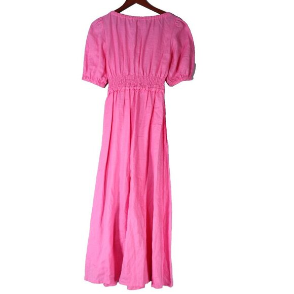 Aligne Women US4 Fuscha Pink Frederika Dress Smocked Puff Sleeve Pckt Linen Maxi - Picture 15 of 15